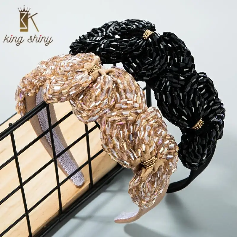 

2020 Fashion Girls Hair Accessories High Quality Pure Hand Made Flash Crystal Seed Beads Bowknot Wide Side Hair Bands for Woman