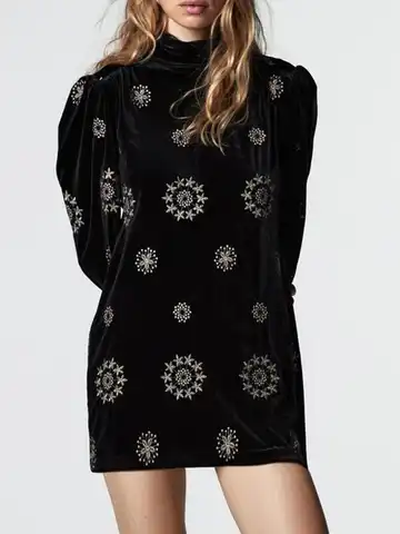 ZA autumn and winter new products female retro embroidery half-high collar long-sleeved imitation velvet temperament dress
