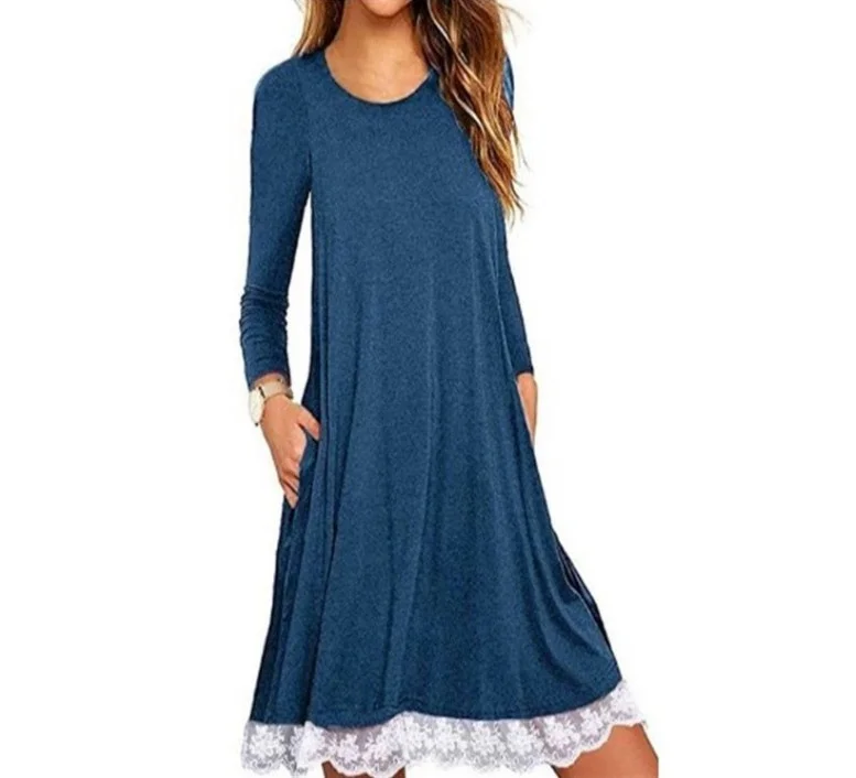 

Hem lace stitching loose round neck long sleeve large dress