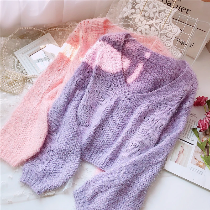 

V-Neck Solid Color Lantern Sleeve Pullover Sweater Female 2021 New Spring Autumn Korean Fashion Loose Hollow knitting Women A613