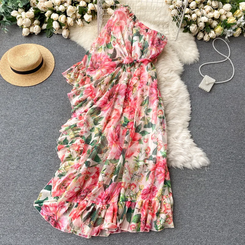 

High-end floral dress elegant diagonal collar one-shoulder lotus fairy holiday dress fashionable women's party dress sexy dress