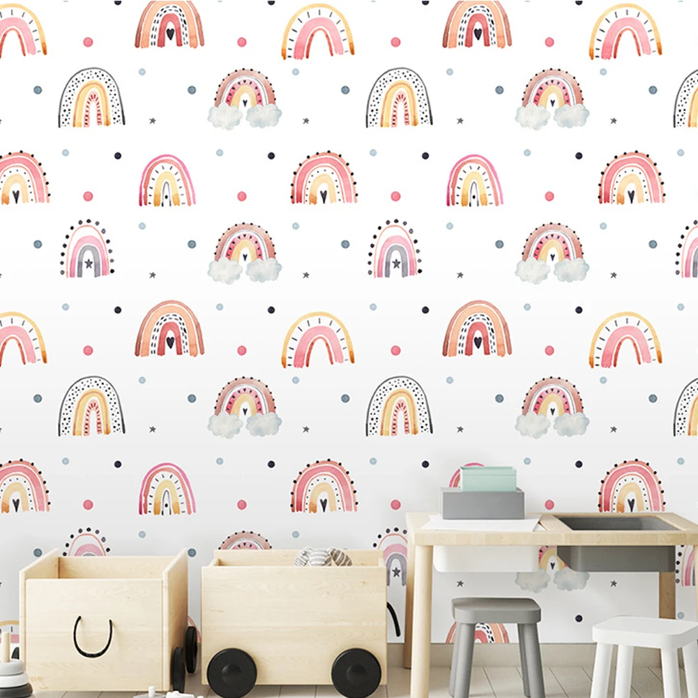 

Nordic Kids Children Bedroom Wallpaper Roll PVC Wallpaper Self Adhesive Love Rainbow Cartoon Decor Baby Room Wall Paper Warm