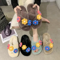 autumn and winter fashion furry slipper women outside mixed colors plush lovely flower flat with indoor comfortable high quality