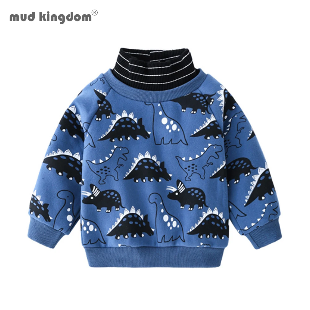

Mudkingdom Kids Dinosaurs Sweatshirts Stripe Turtleneck Cotton Fleece Warm Winter Autumn Tops for Boys Clothes Lined Shirts