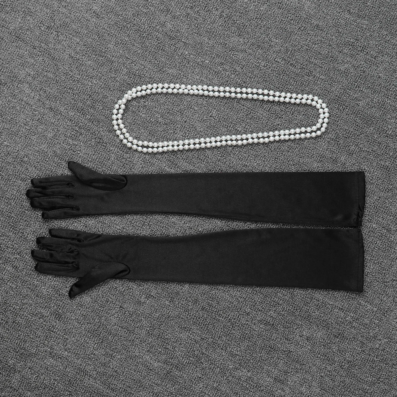 

Classic Adult Black Stretch Satin Finger Long Gloves Women Flapper Gloves+Layers Necklace for Ladies Cosplay 1920s Accessories