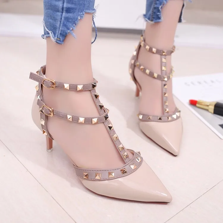 

2020 New Women's shoes summer pointed high-heeled stiletto patent leather rivet single shoes was thin buckle women's shoes