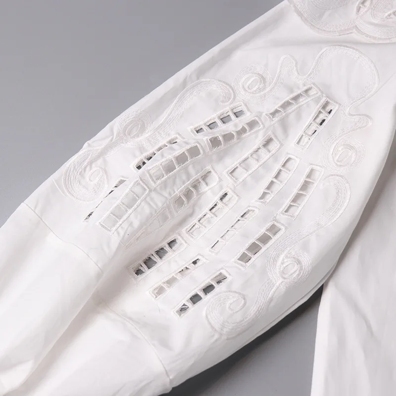 

High Street Shirt Tops Women Hollow Out Blouse Stand Collar Lantern Sleeve