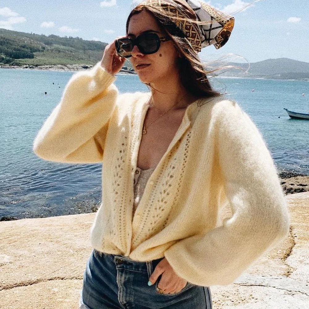 

Mohair Jumper Hollow Out Women Long Sleeve V neck Lantern Sleeve Chic Maille Elegant Sweater Spring Vintage Cardigan Knitwear