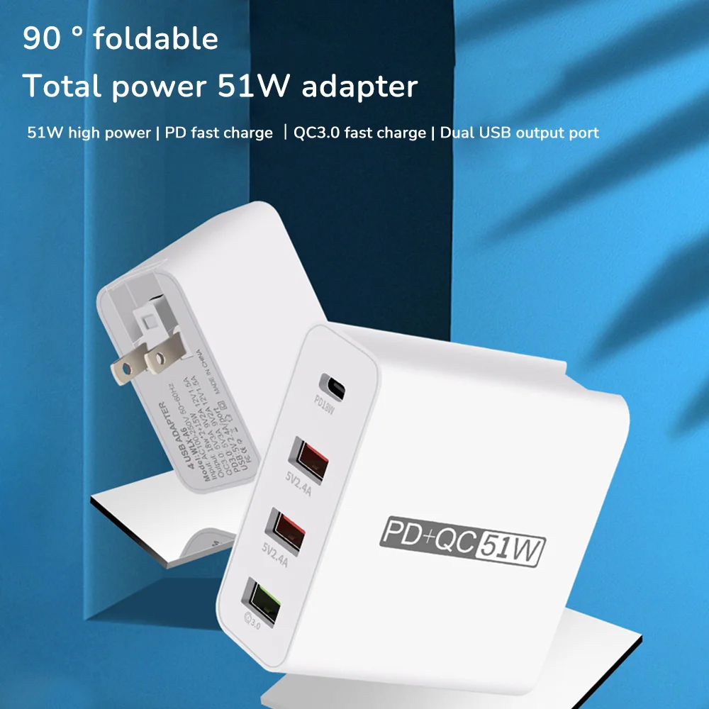 

4-Port 51W PD USB Type C Charger EU/US/UK/AU Adapter Fast Charge USB PD 3.0 Mobile Phone Charger For iPhone 12 Pro Max Xiaomi