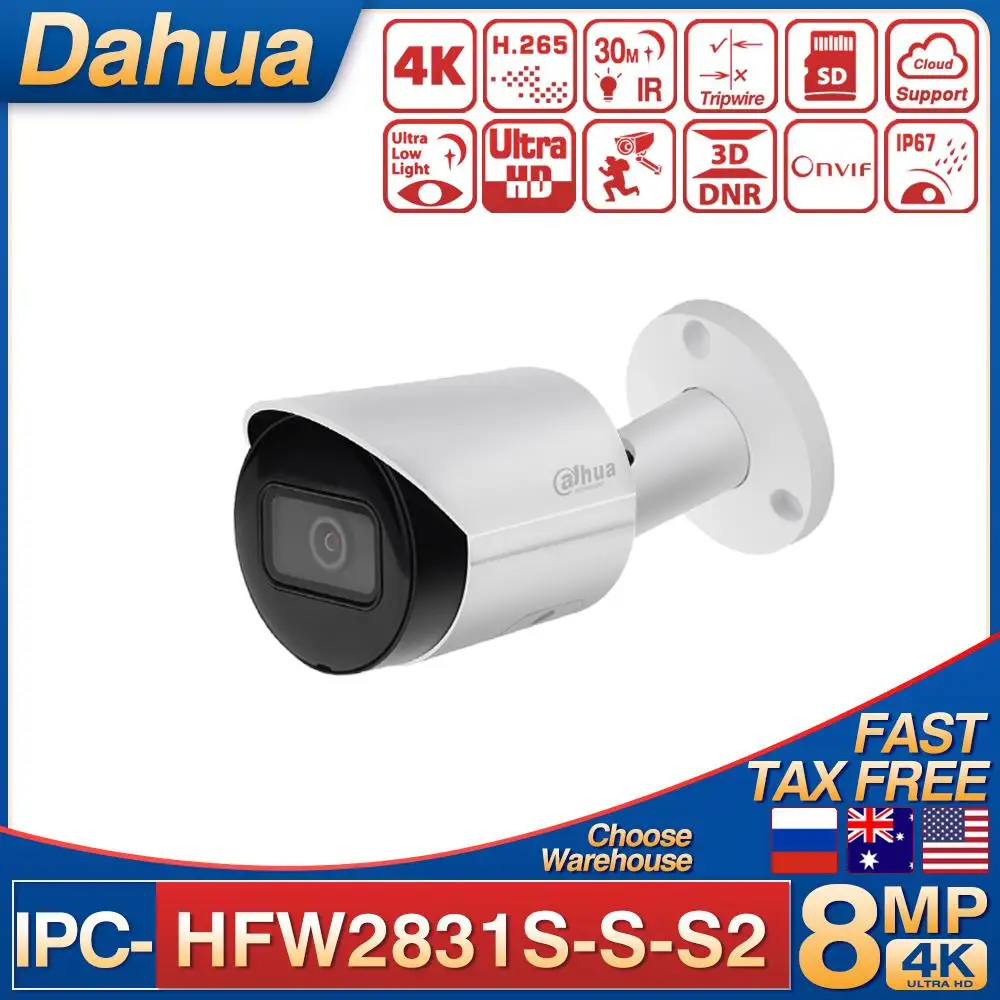 

Dahua IPC-HFW2831S-S-S2 8MP Bullet Network IP Camera 4K 30M IR H.265+ SD Card Slot IVS Motion Detection Starlight 4K CCTV IP67