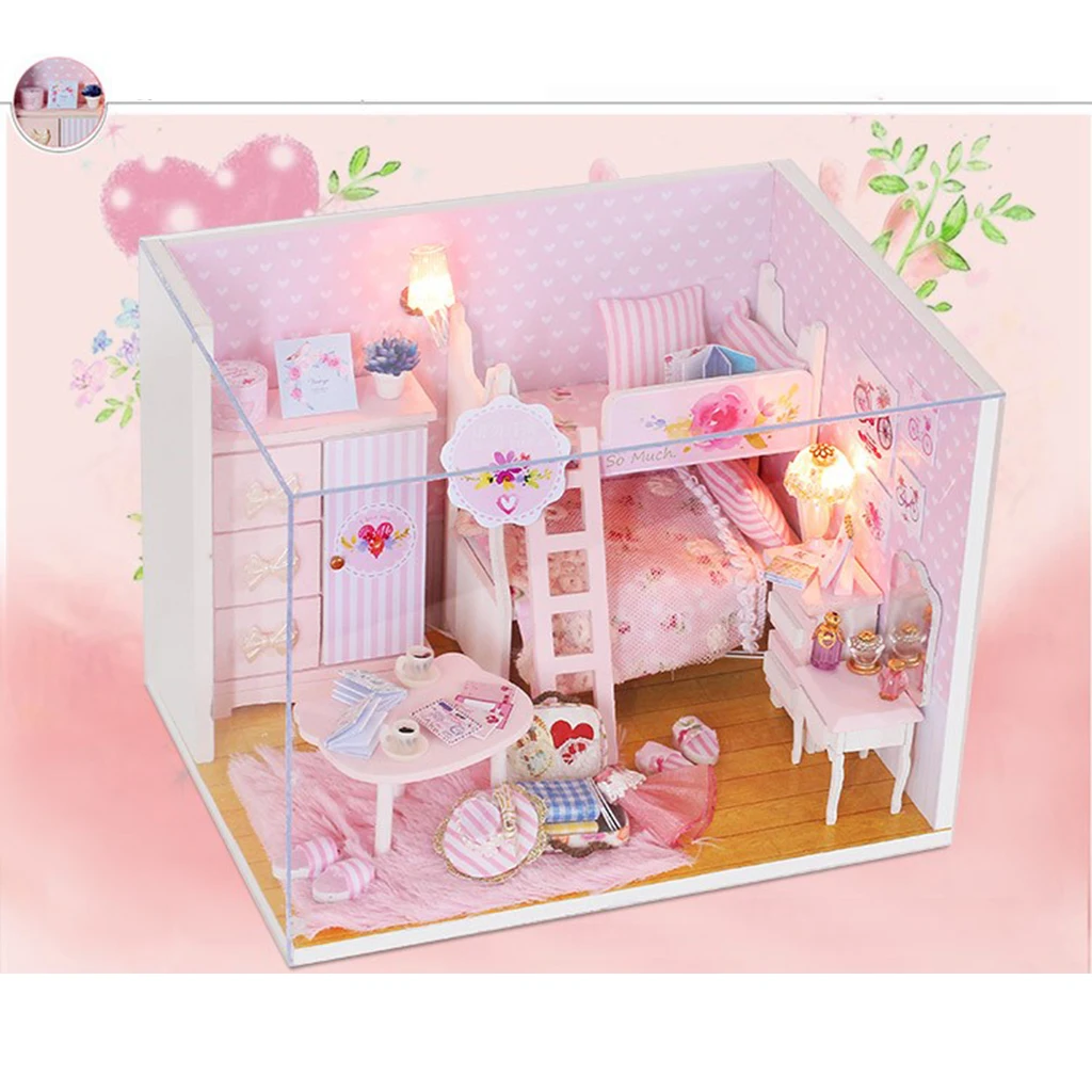 

Crafts 1:64 Wood Miniature Dollhouse DIY Bedroom Puzzles Furniture Kits Toys