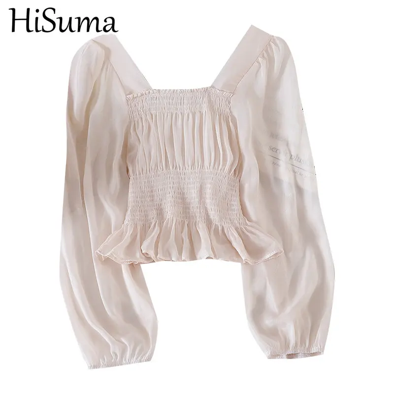 Женская Базовая рубашка с рукавами фонариками и квадратным воротником