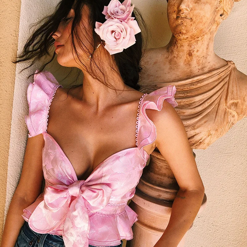 Ретро элегантные топы с v-образным вырезом Женские топики летние модные розовые