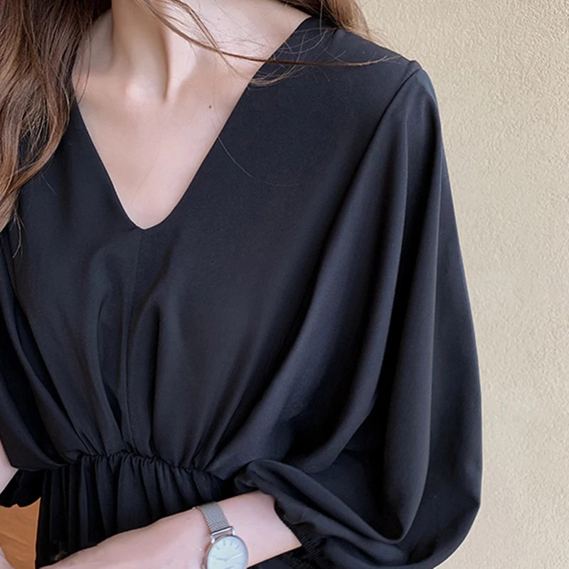 Модное однотонное женское платье с V-образным вырезом весеннее элегантное