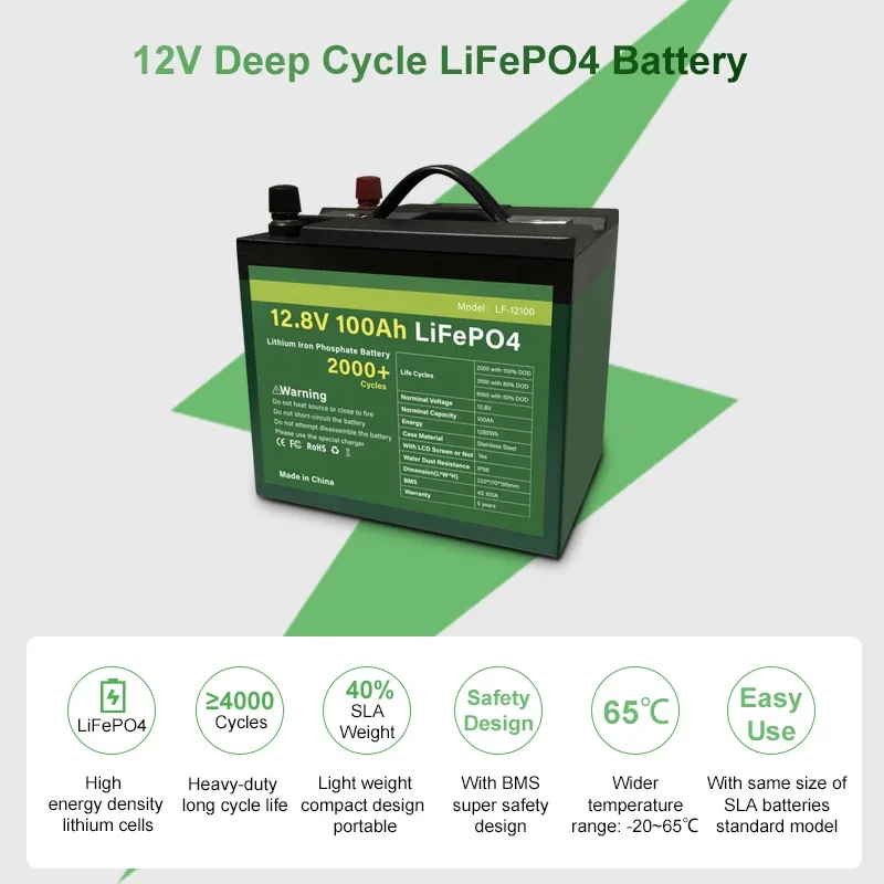 Аккумуляторная батарея LiFePO4 12 В 100 Ач встроенная BMS литий-железо-фосфатная Новая
