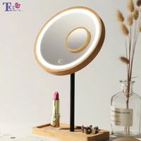 wooden desktop led makeup mirror 3x magnifying usb charging adjustable bright diffused light touch screen beauty mirrors