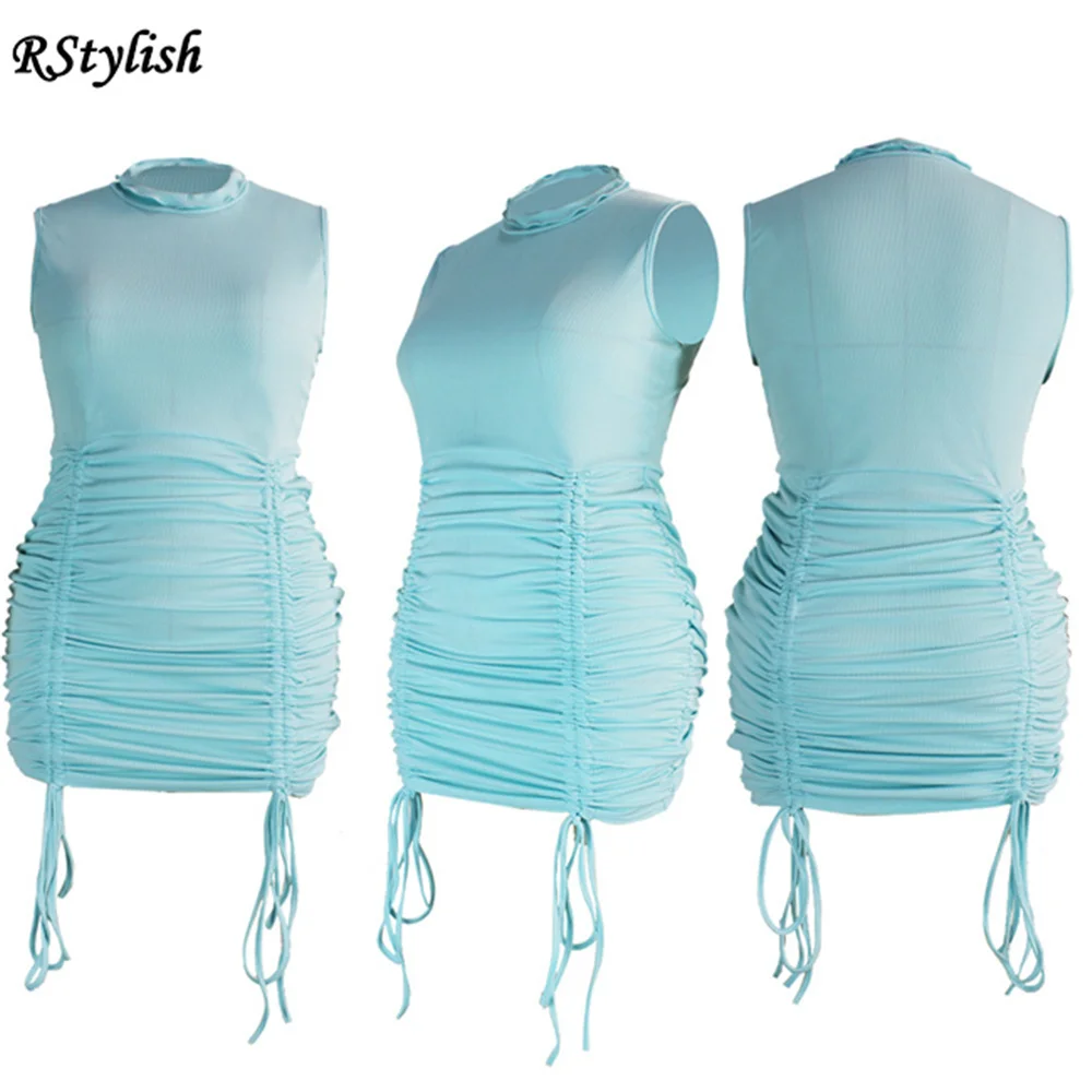 

RStylish Women's Sexy Casual Solid Color O-Neck Side Drawstring Mini Dress 2021 Summer Woman Skinny Vest Dresses Casual Sundress