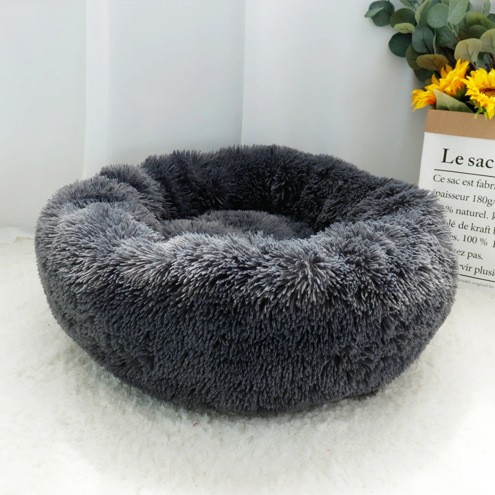 Comfy Plush Pet Dog Bed Hondenmand Washable Round Calming Pet Bed Cushion Sofa Mat Kennel Donut Beds House For Large Dogs Hot - Цвет: Dark Gray