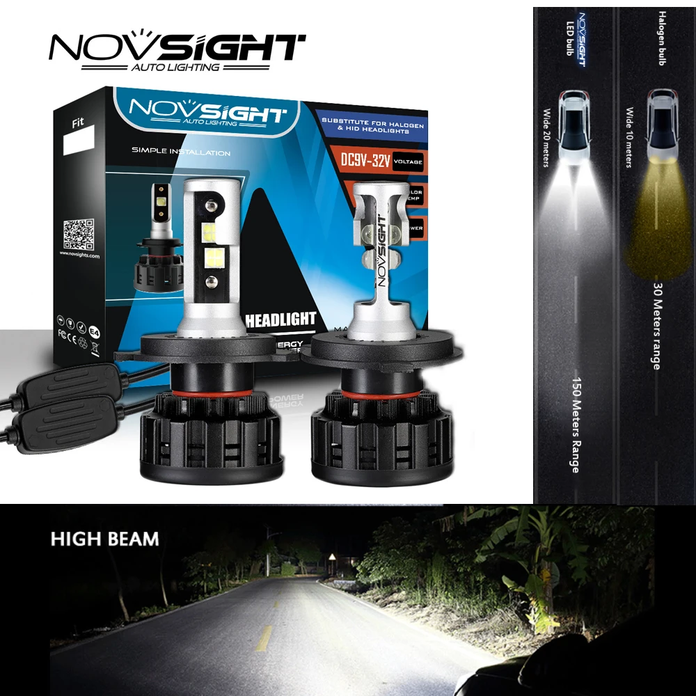 NOVSIGHT 6500K H4 светодиодный H7 H11 H8 HB4 H1 H3 HB3 9005 9006 9007 H13 автомобильные лампы для фар машины 60 Вт 18000LM супер яркий автомобильный светильник