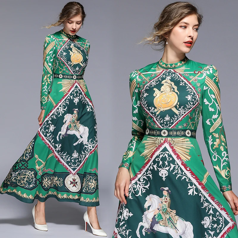 

European Station Spring And Summer New Green Printed Long Skirt Retro-oriented Positioning Dress