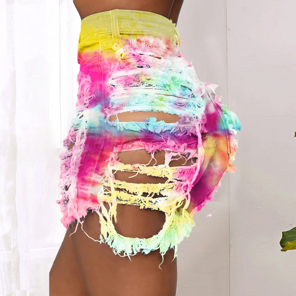 

2021 New Spring Summer Tie dye shorts women shorts hole denim high waist sexy print wholesale dropshipping