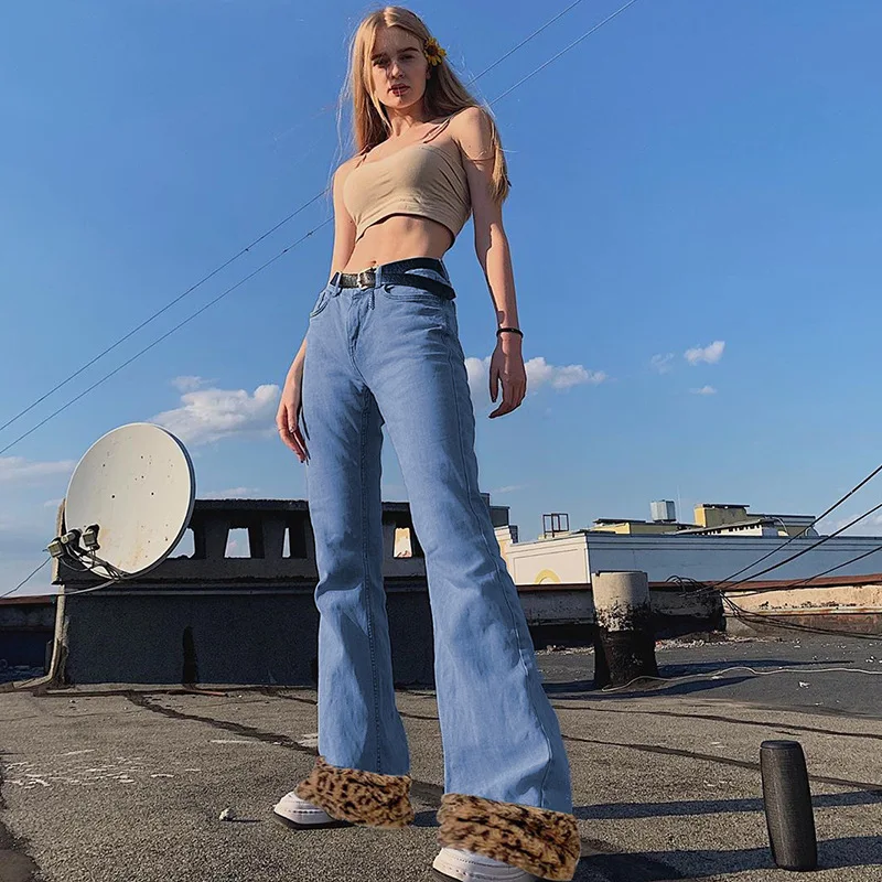 Джинсы женские с имитацией меха лоскутные расклешенные штаны леопардовым