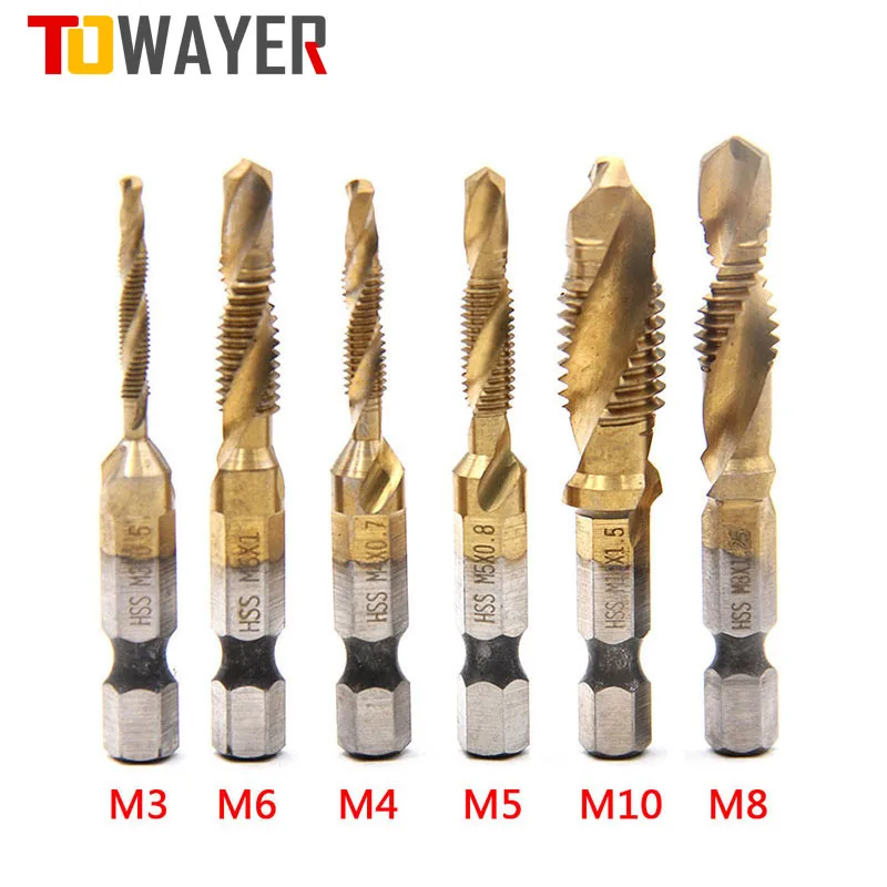 

1Pcs Titanium Plated Hex Shank Drill Bits HSS Screw Thread Metric Tap Screw Machine Compound M3 M4 M5 M6 M8 M10 Hand Tools