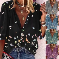 large size loose womens blouse 2021 spring ladies butterfly tops high quality casual v neck seven point sleeve women shirts