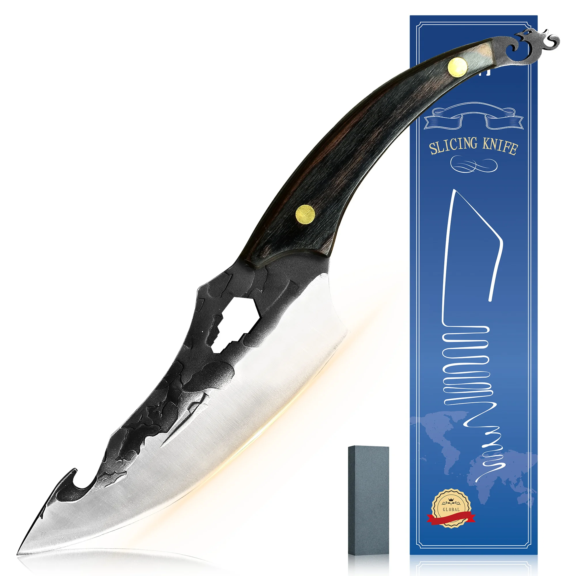 

XYj 6.5 Inch Rhino Slicing Knife Stainless Steel Hammer Blade Meat Cleaver Wooden Handle Serbian Knife With Whetstone Gift Box