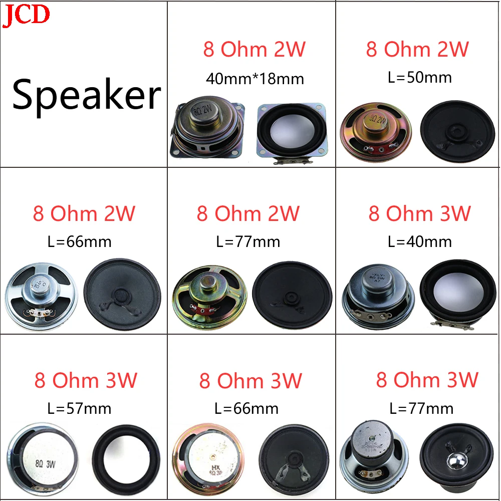 

JCD 1 Pcs 8 ohm 0.5W 1W 2W 3W Horn Loud Speaker Buzzer Ringer 40 45 50 57 66 77mm 8R 0.5W For Home Theater Loudspeaker