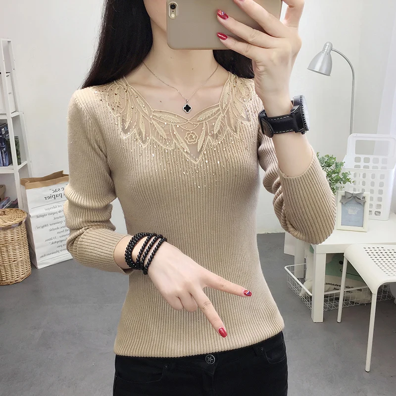 Sexy Lace V-neck Knit Sweater Female pullovers Tops Diamond Elastic Women 2020 Autumn Winter Fashion Jumper Pull Femme | Женская одежда