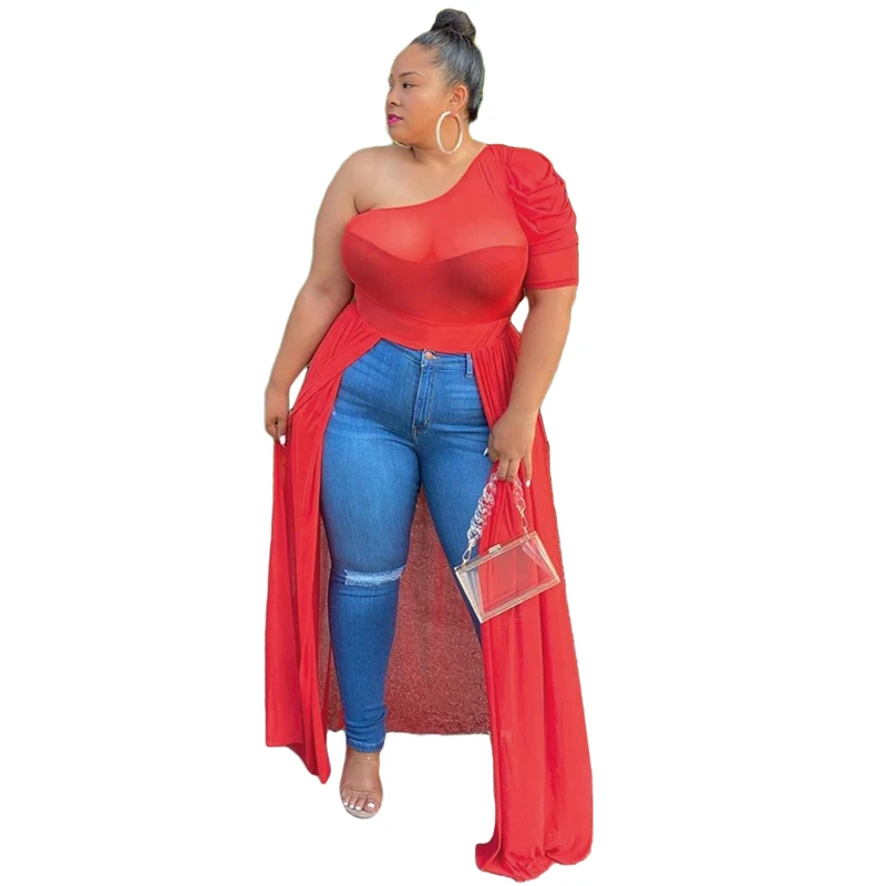 

Women Plus Size Blouses 2021 Summer OL One Shoulder Long Transparent Tops Sexy Mesh Blouse Party Ladies Club Tops Nightclub New