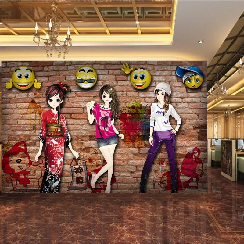 

Dropship Custom Photo Wallpaper Nostalgic Brick Wall QQ Cartoon Characters Head Portrait Mural Internet Cafes Backdrop Wallpaper