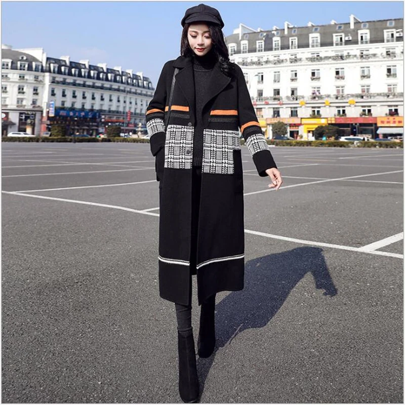Повседневное женское пальто с отворотом 2019 длинное осенне-зимнее шерстяное для