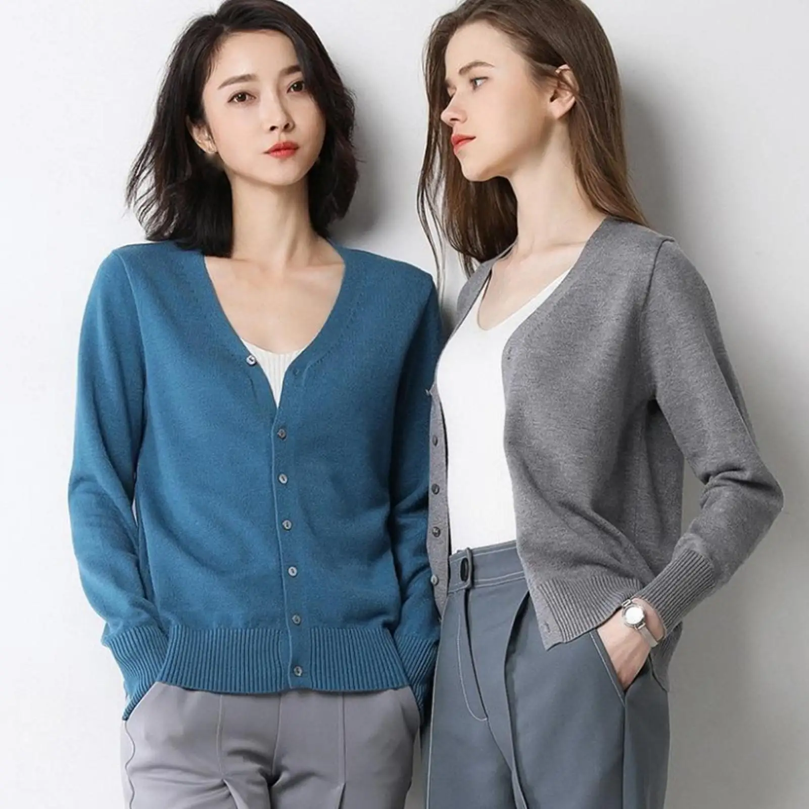 

Women Autumn V Neck Long Sleeve Warm Cardigan Solid Color Single-breasted Knitwear Coat Tops