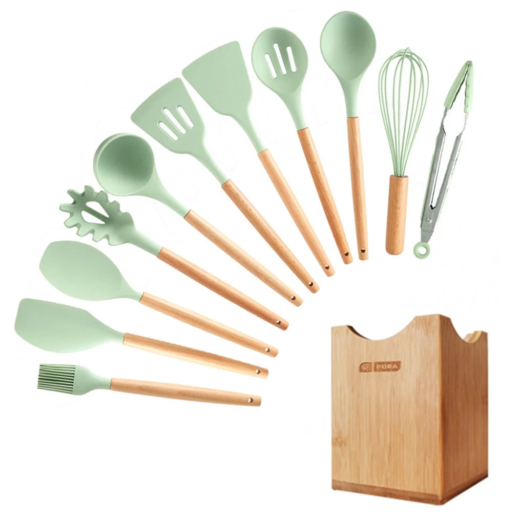 12- kitchen set Набор для кухни, 11/12 предметов. силиконовых кухонный набор, антипригарная, деревянная, ручка, набор кухонных инструментов, набор кухонных принадлежностей, c держателем коробка, для готовки,кухонная утварь - Цвет: 12- kitchen set