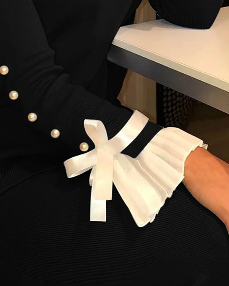 

Women Lace Insert Bowknot Buttoned Bell Cuff Blouse Women Tops