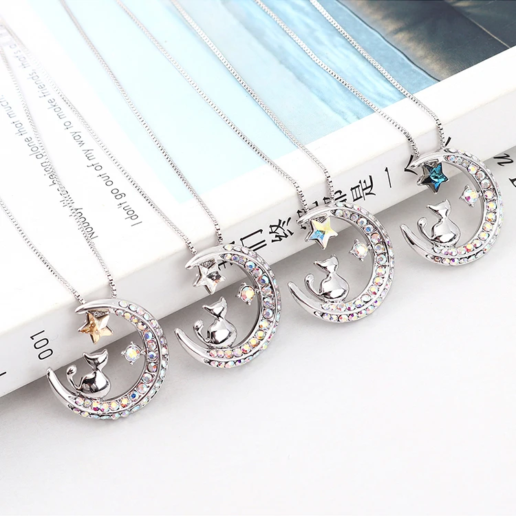 

Crystals From Swarovski Necklaces Gothic Couple Moon Necklace Animal Cat Pendants Necklace Best Friend Bijoux Femme Jewerly