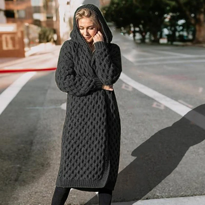 2019 New Warm Women's Solid Sweaters Casual Long Hooded Knitted Sweater Sleeve Cardigan Women Female Cotton Coat |