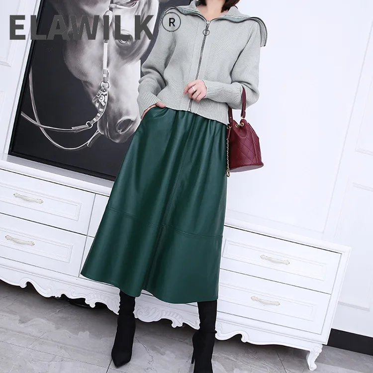 

Chic women's casual elastic waist leather a-line skirts spring autumn high quality genuine leather high-rise skirt C201