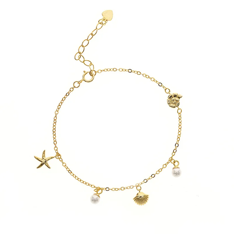 

Elegant 925 Sterling Silver shell starfish charms Bracelets For Women fine Jewelry, simulated pearl gold color Bracelet Bangle