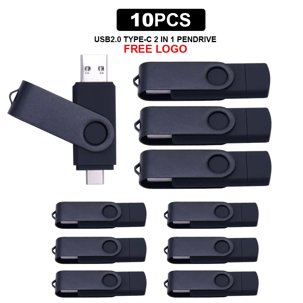 10 шт./лот OTG 2 в 1 USB флешка Флешка 64 ГБ 32 16 8 4 USB2.0 + Type C двойная карта памяти Cle для