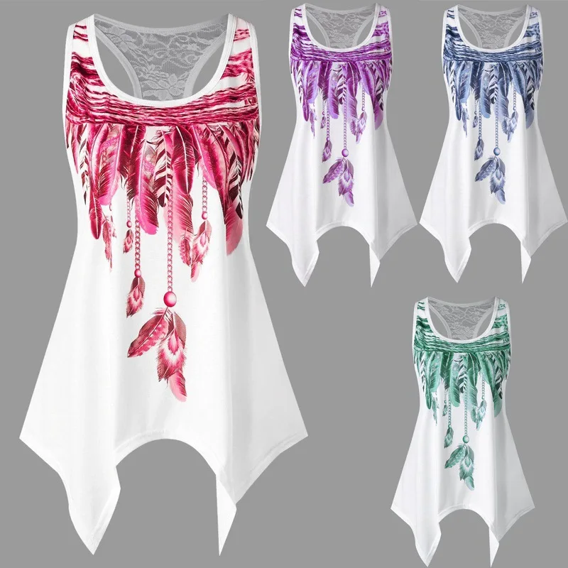 

Summer Women Casual Lace Tank Round Neck Sleeveless Feather Print Irregular Vest Tees Ladies Sexy Slim Fashion Tops
