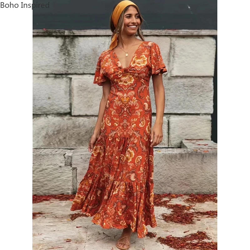 Богемный Вдохновленный Макси платье жженое оранжевое цветочное бохо с коротким