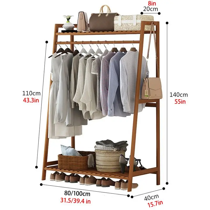 

80x40x140cm Fashion Style 2-Tier Bamboo Clothes Coat Rack Storage Organizer Hanger Shelves Bedroom Furniture Store Wardrobe