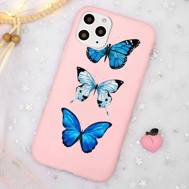 

Blue beautiful butterfly fashion Phone Case Candy Color Pink for iPhone 11 pro XS MAX 8 7 6 6S Plus X 5S SE 2020 XR