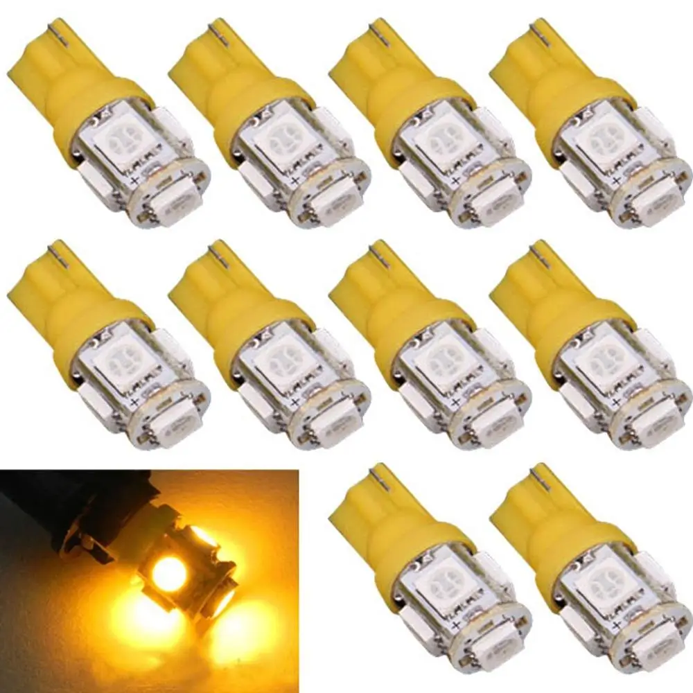 

10Pcs Yellow T10 W5W 5050 5SMD 168 194 192 DC 12V License Plate Led Bulbs For Car Interior Lights Reading Light Trunk Light Bulb