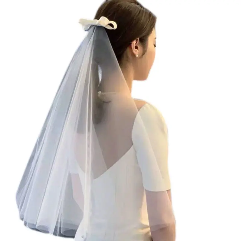 

Wedding Bridal Ribbon Bowknot Hair Accessories with White Mesh Tulle Veil Clips Party Engagement Hairwear Photo Props