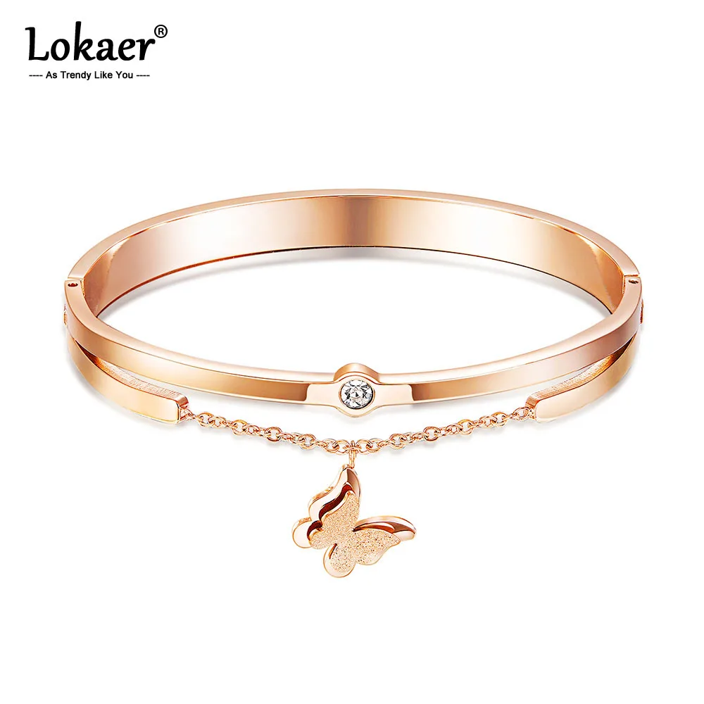 Женский браслет с бабочкой Lokaer цвета розового золота кристаллами из нержавеющей