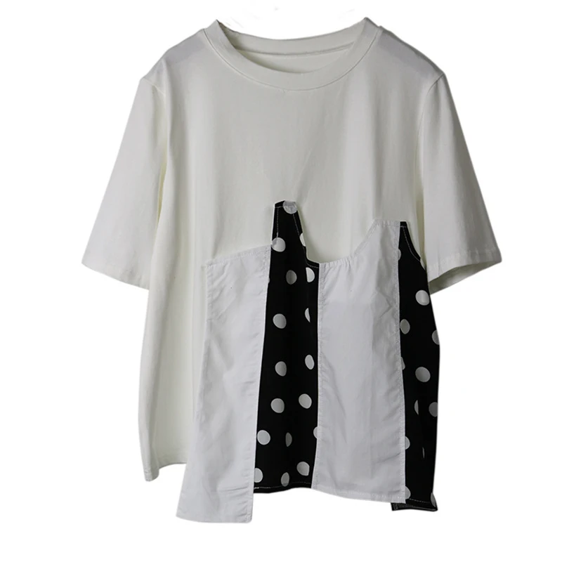 

CHICEVER Polka Dot Print Hit Color Shirt Women O Neck Short Sleeve Irregular Hem T-shirt Female Summer 2020 Casual Fashion